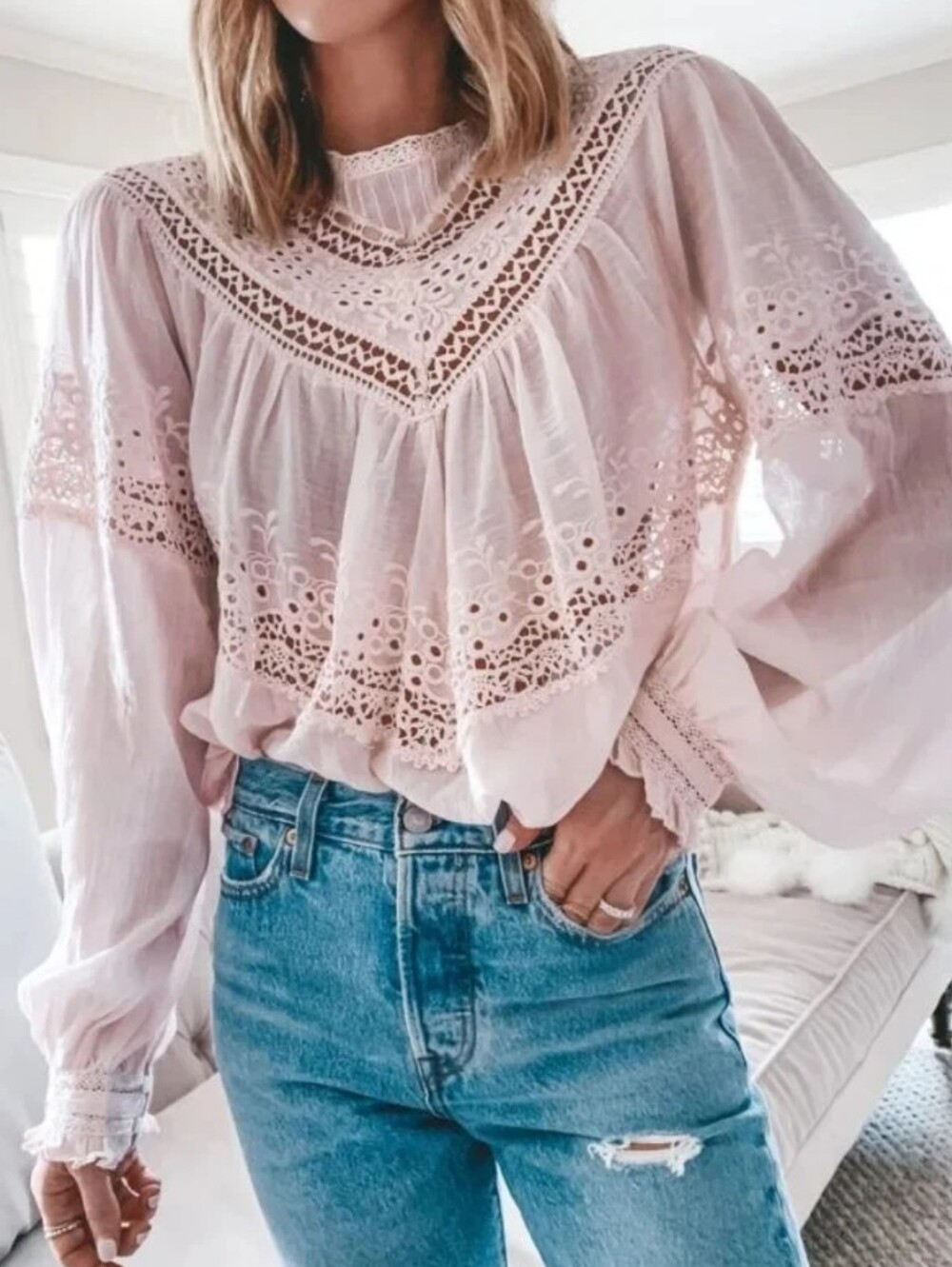Free People Abigail Victorian Lace Blouse In Moon Cake - Picture 6 of 13